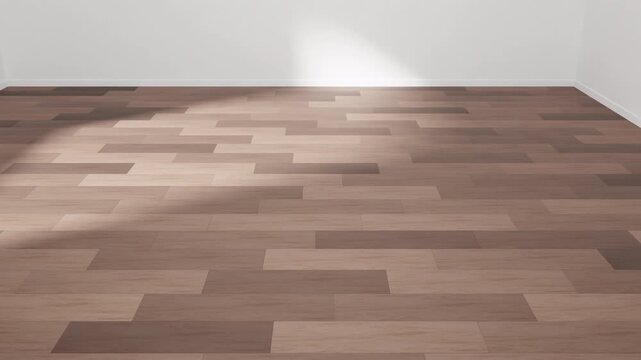 Wood Flooring Installation 3d animation. Installation of wooden laminate flooring in a modern empty room. Home renovation, interior construction, and flooring installation concepts