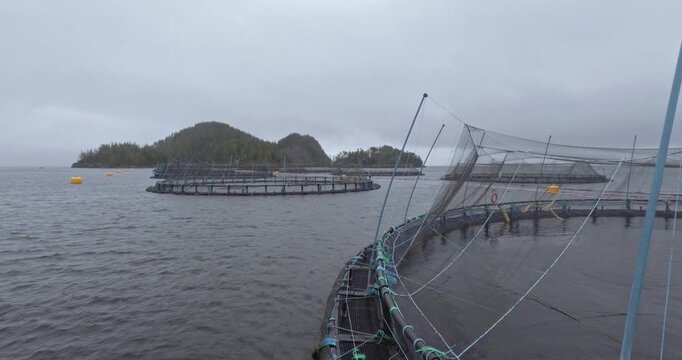Large fish farm in the water with nets under cloudy sky as background