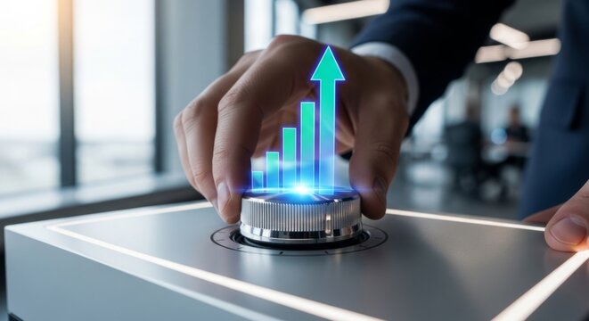 Businessman adjusting control knob to activate holographic growth chart for business optimization in modern office