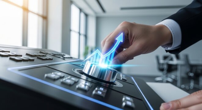 Businessman adjusts control knob with glowing holographic upward growth chart, optimizing business strategy in modern office
