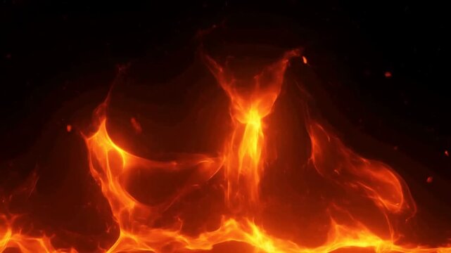 Slow motion close up of flames rising and flickering in dark studio background with burning embers and sparks dancing against black void