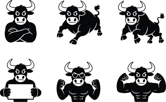 Bull Mascot Character Set - Angry and Strong Bull Cartoon Poses