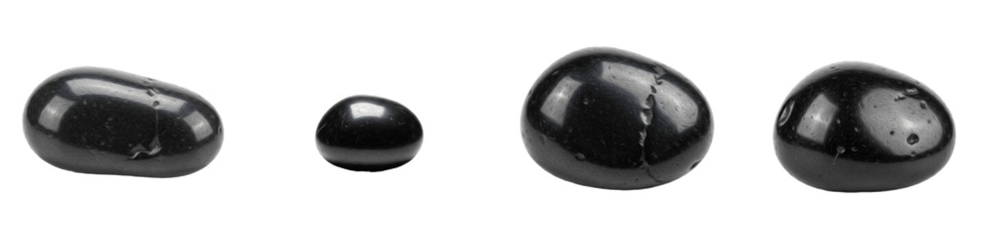 Isolated 3D glossy black obsidian onyx stones PNG set on transparent background smooth dark mineral gems precious geological elements for gaming inventory interface treasure loot crafting props and co