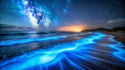 Fototapeta premium Bioluminescent glowing blue waves on dark beach at night with milky way galaxy and starry sky