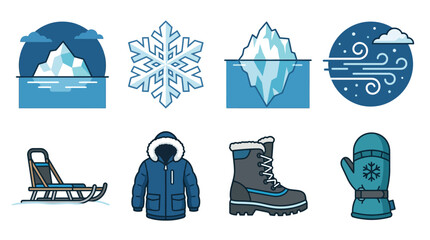 Winter icons collection with snowflakes and cold weather gear. © Badak