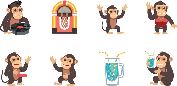 Cute chimpanzee character set with retro jukebox vinyl record player soda drink glass and happy dancing poses vector illustration isolated