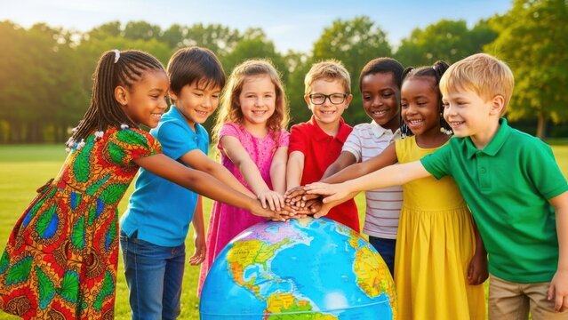 Multiracial children placing hands on a large earth globe in a sunny outdoor park Wallpaper Background image
