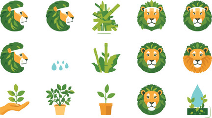 : Eco friendly lion head logo icon set with green leaf mane bamboo plants water drops and sprouts vector illustration isolated © Sreemotimadhobi