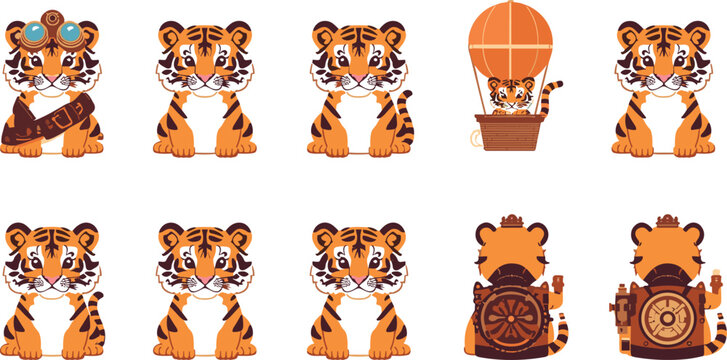  Cute steampunk tiger cub character set with pilot goggles hot air balloon and mechanical clockwork backpack vector illustration isolated