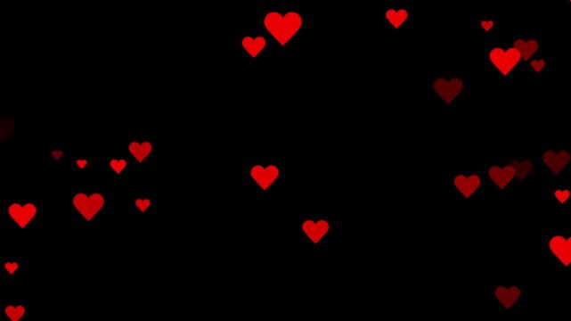 Falling festive confetti small hearts confetti. Valentines day hearts icon falling animation on black screen background. Romantic red heart flying 4k video. 3d red hearts falling abstract animation.