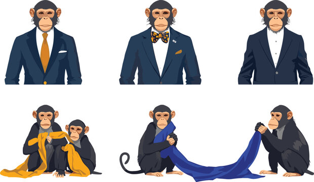 Elegant chimpanzee gentlemen character set wearing navy blue formal suits orange necktie and butterfly bowtie vector illustration isolated on white