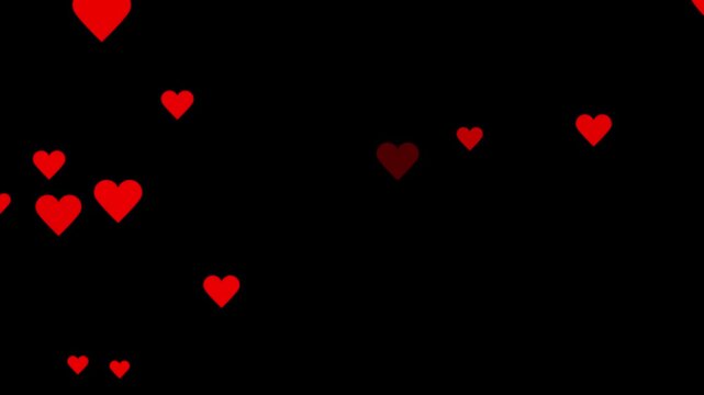 Falling festive confetti small hearts confetti. Valentines day hearts icon falling animation on black screen background. Romantic red heart flying 4k video. 3d red hearts falling abstract animation.