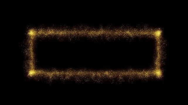 Slow motion static shot of golden particle rectangle dissolving into drifting sparkles on black background for festive ornamental overlay visual effect