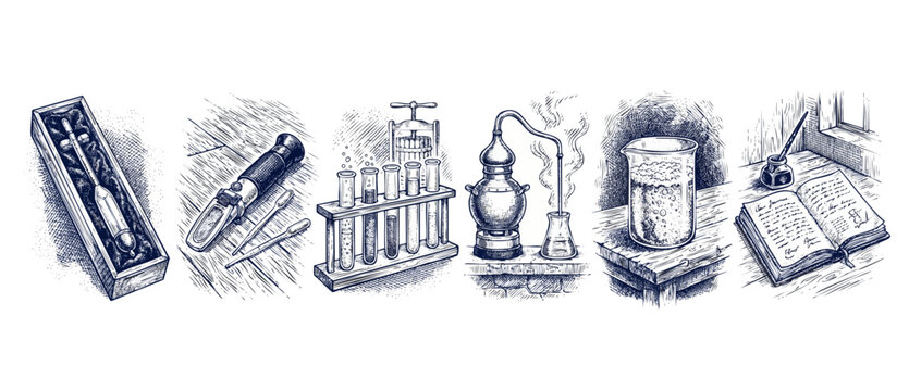 Vintage lab equipment sketch set with retro chemistry apparatus including test tubes, beaker, alembic distilling still, refractometer, and old science journal for education design on white background.