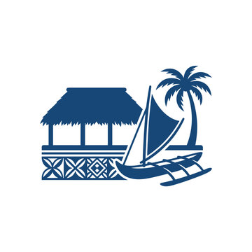 Tongan coastal icon featuring a thatched hut, outrigger canoe, and palm tree in blue silhouette.
