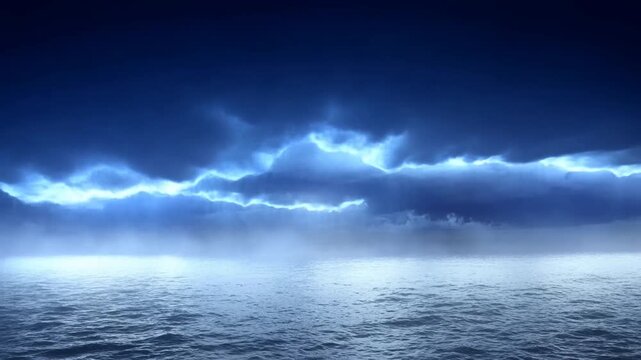 Dramatic lightning over ocean with intense storm clouds and reflection