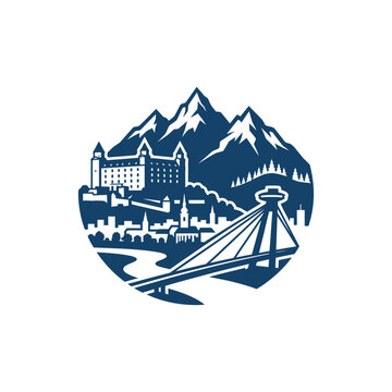 Blue graphic illustration of Bratislava Castle and SNP Bridge against a mountain landscape.