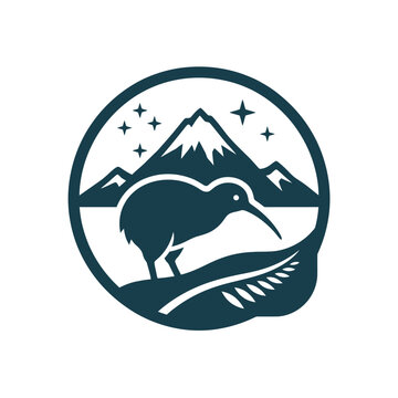 Minimalist circular icon featuring a kiwi bird standing on a silver fern leaf with a snow-capped mountain range and stars in the background.