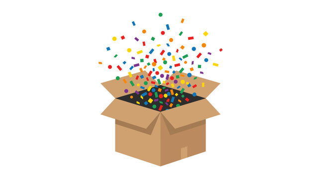 Open cardboard box with colorful confetti exploding out and filling the box Vector