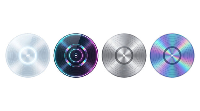 Modern Vinyl Records Set with Metallic Platinum Holographic and Neon Glow Effects