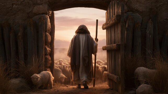 A shepherd standing at the entrance of a sheepfold at dawn, Good Shepherd symbolism