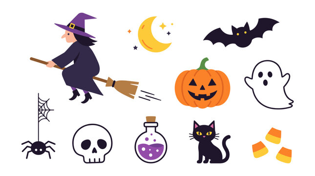Halloween icons collection with witch flying on broomstick pumpkin ghost bat spider skull potion black cat and candy corn Vector