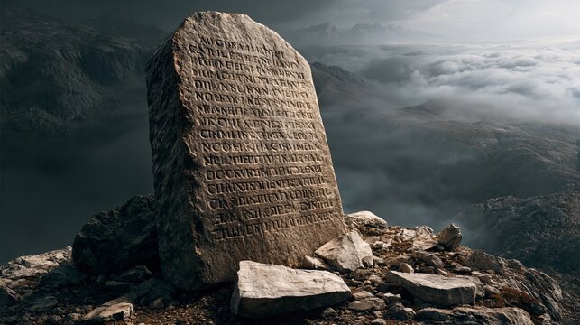 A stone tablet engraved with ancient commandments resting on a mountain peak