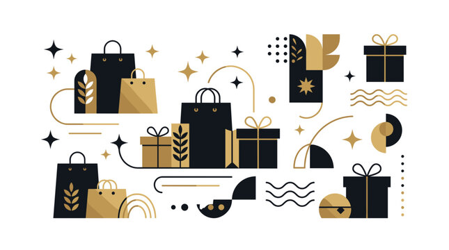 Elegant Black and Gold Shopping Bags and Gift Boxes with Abstract Geometric Shapes and Stars Vector