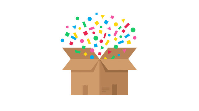 Open cardboard box with colorful confetti exploding out isolated on white background Vector