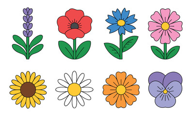 Fototapeta premium Set of eight decorative cartoon wildflower icons featuring vibrant floral illustrations isolated on a clean white background for graphic design projects