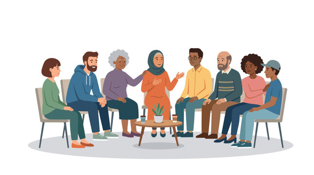 Diverse group of people sitting in a circle discussing ideas in a meeting or therapy session Vector