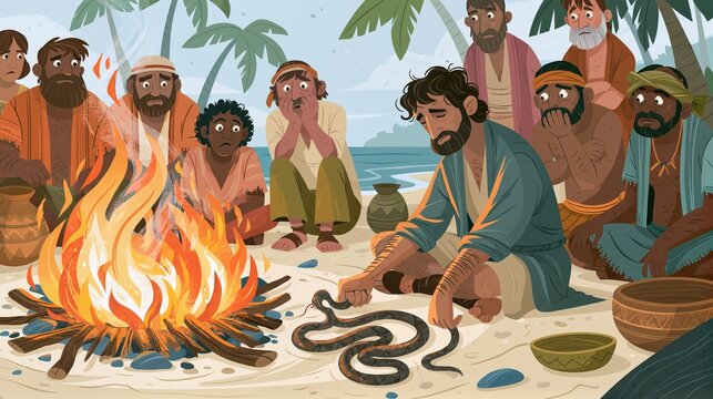 A venomous viper biting Paul's hand near a crackling beach fire, islanders watching in shock, Paul unharmed