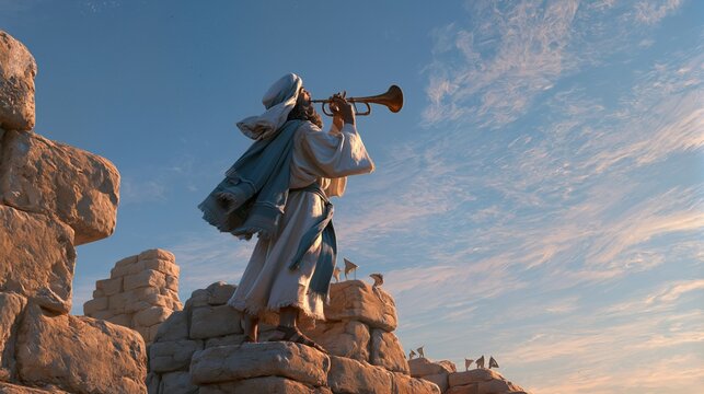 A watchman holding a trumpet while standing on ancient walls, Ezekiel symbolism