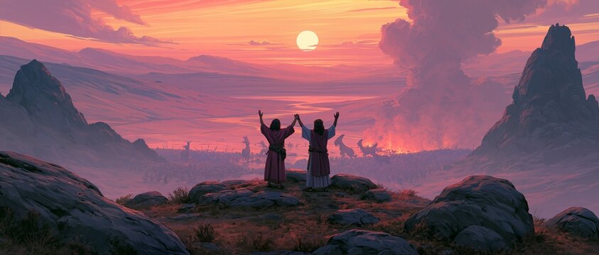 Aaron and Hur holding up the tired hands of Moses on a hilltop, epic battle raging in the valley below, sunset