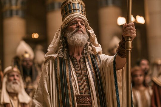 Aaron lifting his staff before Pharaoh's court, subtle divine power implied