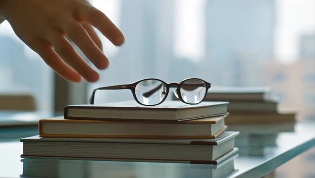 Person reaching for reading glasses on stack of books for education