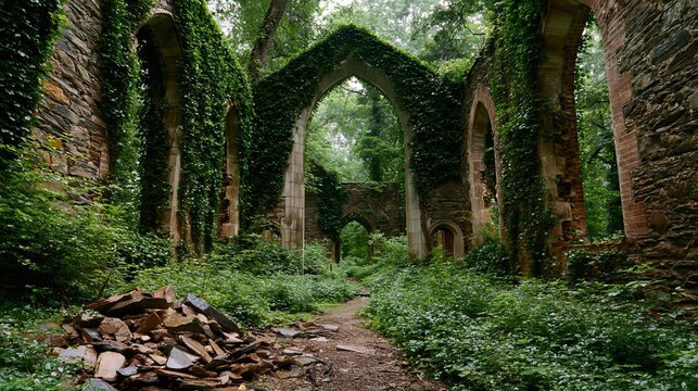 Abandoned ivy-covered church ruins reclaimed by nature, overgrown stone walls, haunting beauty and reverence