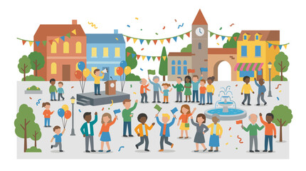 Naklejka premium Diverse crowd celebrating in town square with flags balloons and confetti Vector