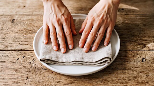 Hands Folding Linen Napkin on White Plate on Wooden Table.