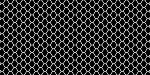 Abstract seamless pattern featuring a classic metallic grey steel wire mesh or chain link fence texture isolated on a solid black background. © Sofyanmardianto.233