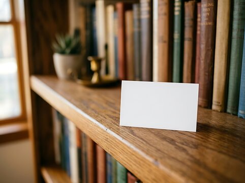 Blank white card mockup on a wooden shelf surrounded by vintage books and a small potted plant in a home library setting