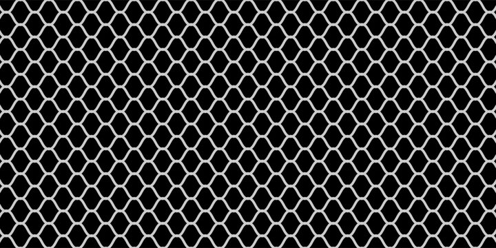 Abstract seamless pattern featuring a classic metallic grey steel wire mesh or chain link fence texture isolated on a solid black background.