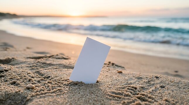 Blank white card standing upright in golden sand on a tropical beach at sunset with ocean waves in the background