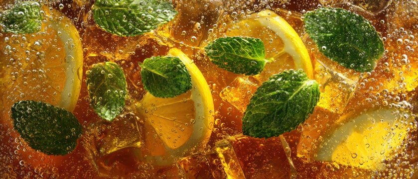 Refreshing macro texture of iced tea with lemon, mint, and sparkling bubbles.