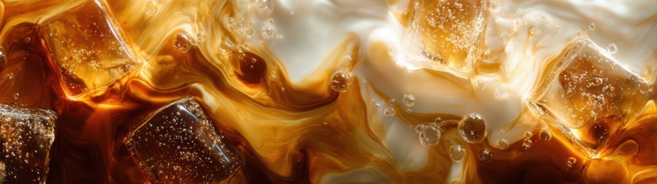  Refreshing macro texture of iced coffee with swirling milk and ice cubes, panoramic long banner background