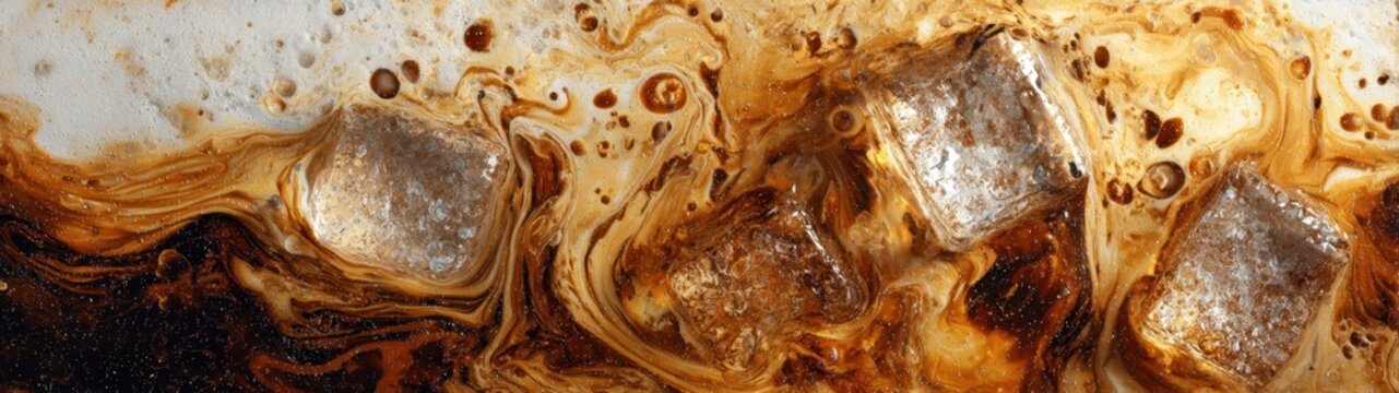 Texture macro rafra&icirc;chissante de caf&eacute; glac&eacute; avec tourbillons de lait et gla&ccedil;ons, fond de banni&egrave;re panoramique.