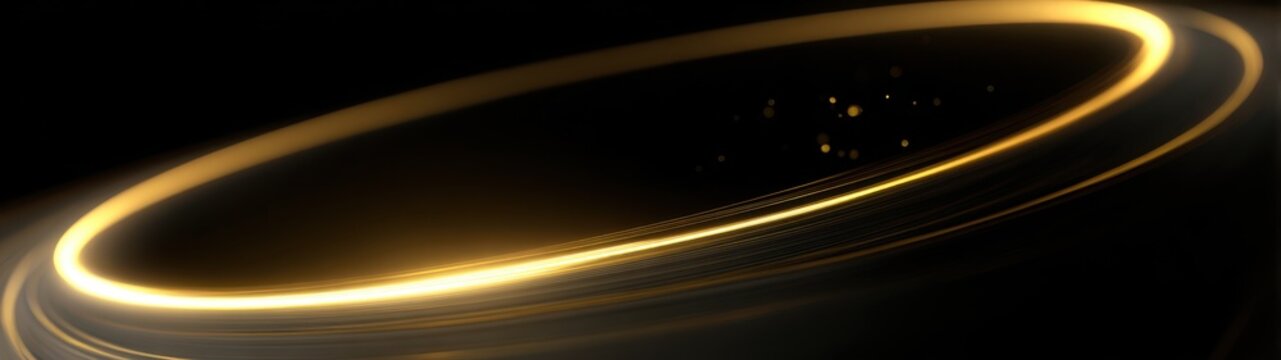  Fondo abstracto panor&aacute;mico con anillos de luz dorada en movimiento, estela brillante y part&iacute;culas sobre fondo negro