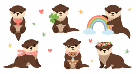 Fototapeta premium Cute cartoon otters set with hearts, rainbow and flowers