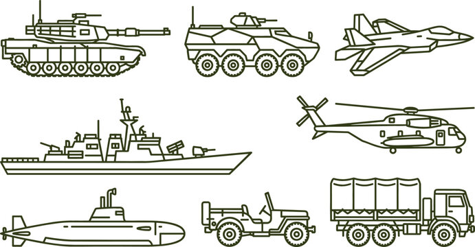Military vehicles and transport line icon set featuring tank armored carrier fighter jet warship helicopter submarine jeep and cargo truck vector