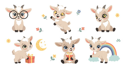 Fototapeta premium Cute baby goats set, happy, playing, jumping, with gifts and rainbow